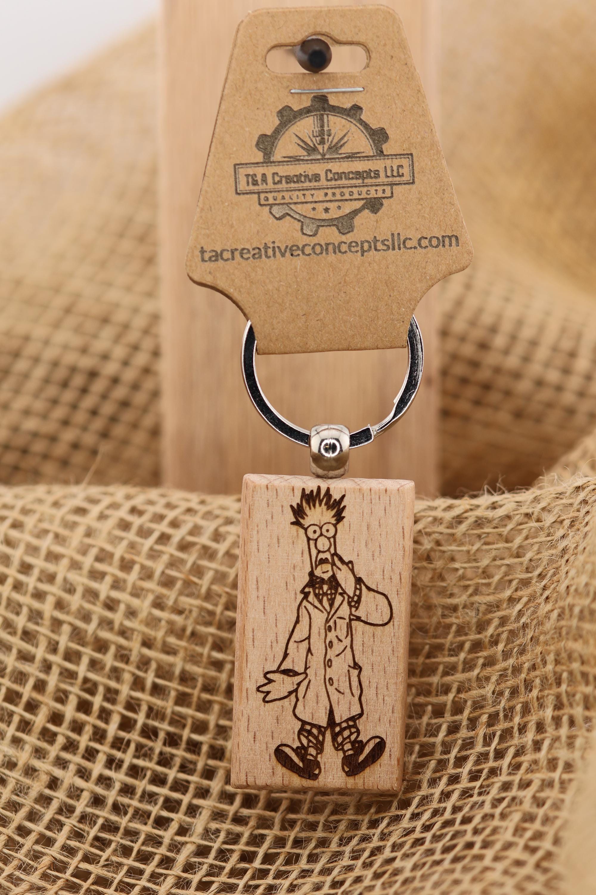 Muppets Beaker keychain / bag charm: laser engraved hardwood, stainless steel keyring