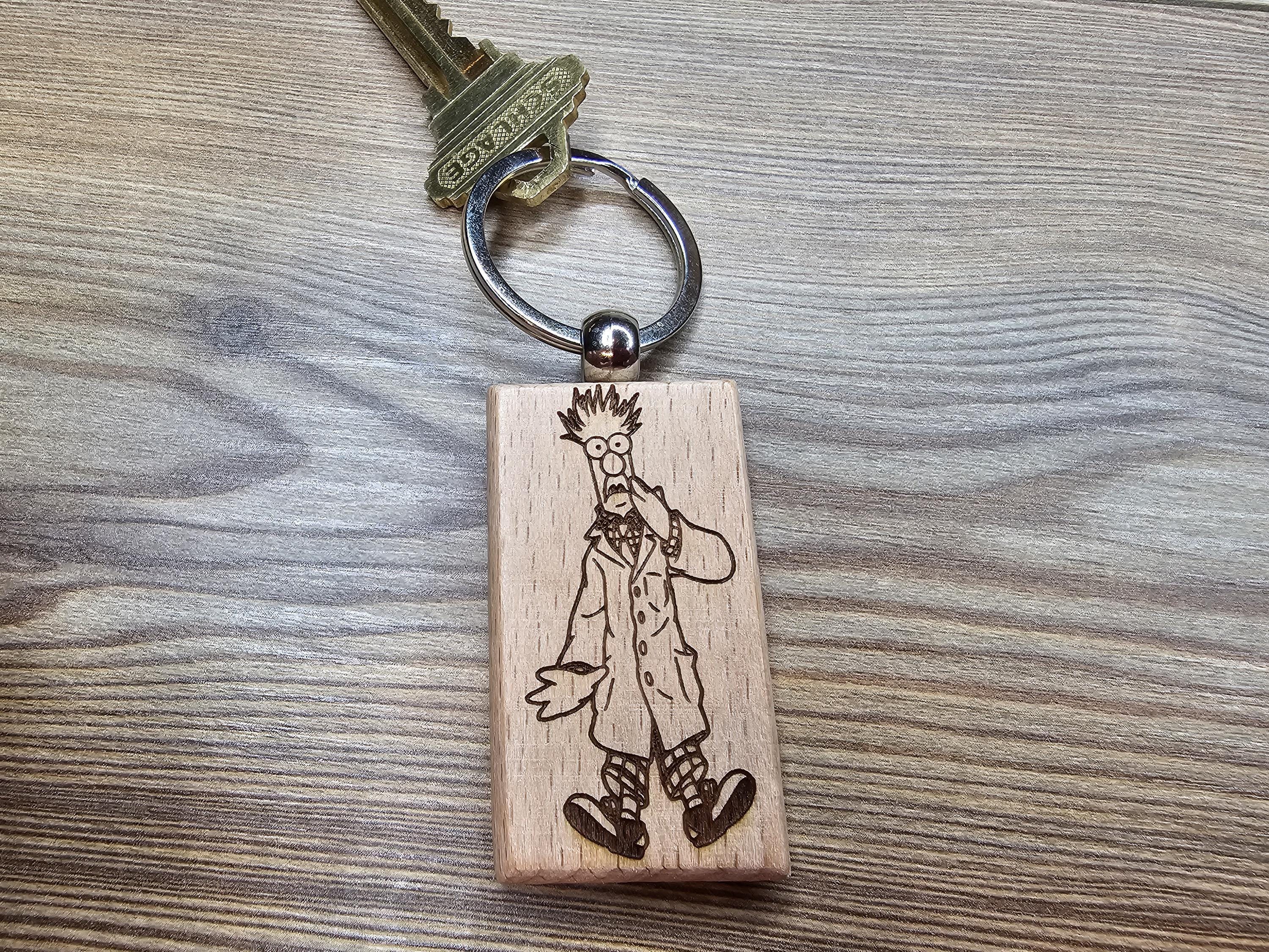 Muppets Beaker keychain / bag charm: laser engraved hardwood, stainless steel keyring