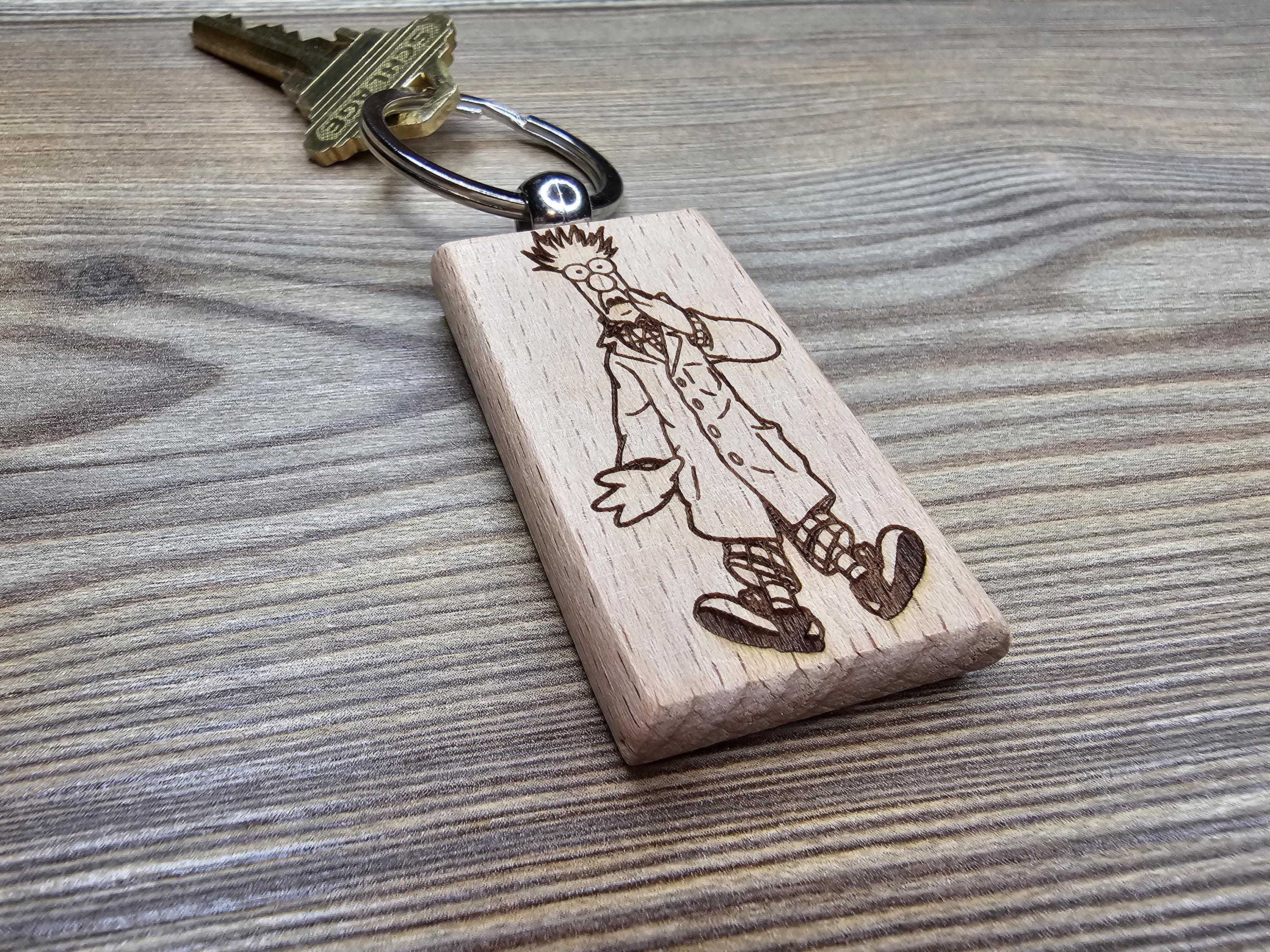 Muppets Beaker keychain / bag charm: laser engraved hardwood, stainless steel keyring