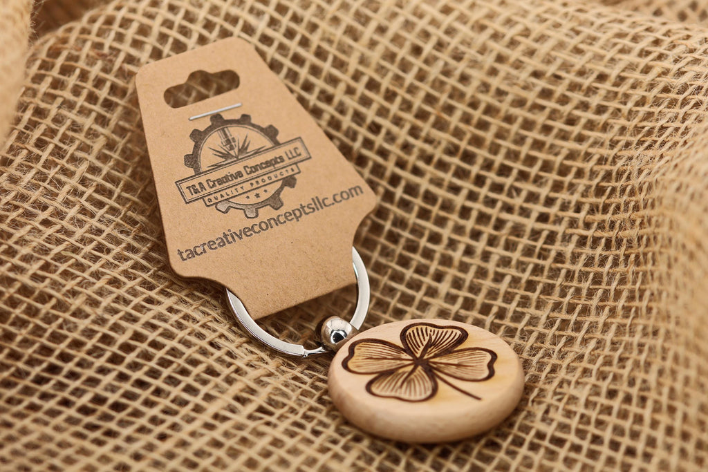 Laser engraved four leaf clover keychain / bag charm: hardwood lucky charm