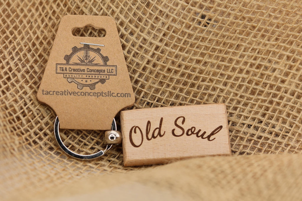 Old soul keychain / bag charm: laser engraved hardwood with stainless steel keyring