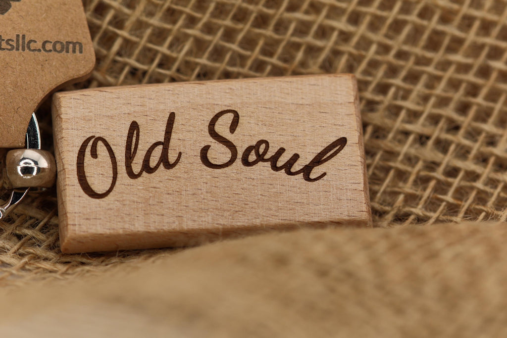 Old soul keychain / bag charm: laser engraved hardwood with stainless steel keyring