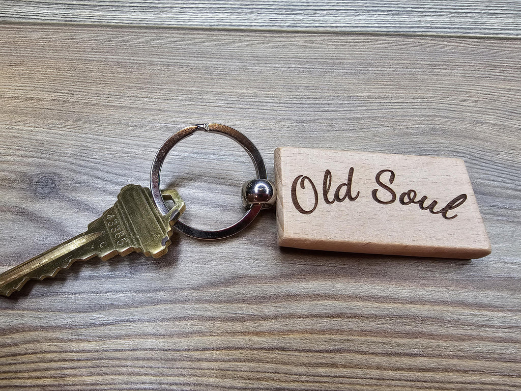 Old soul keychain / bag charm: laser engraved hardwood with stainless steel keyring