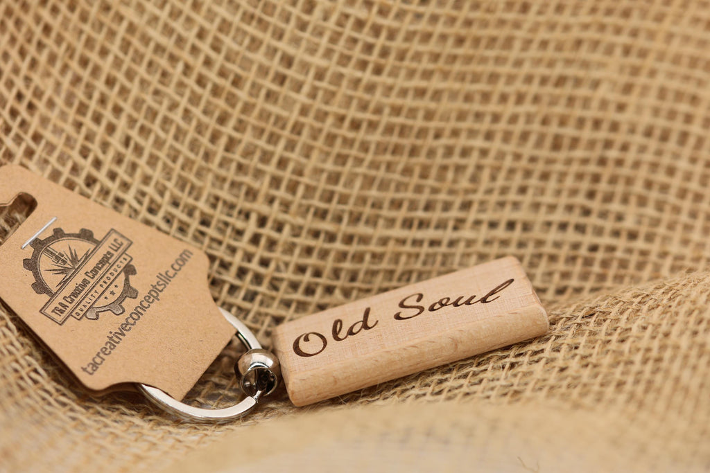 Old soul keychain / bag charm: laser engraved hardwood with stainless steel keyring