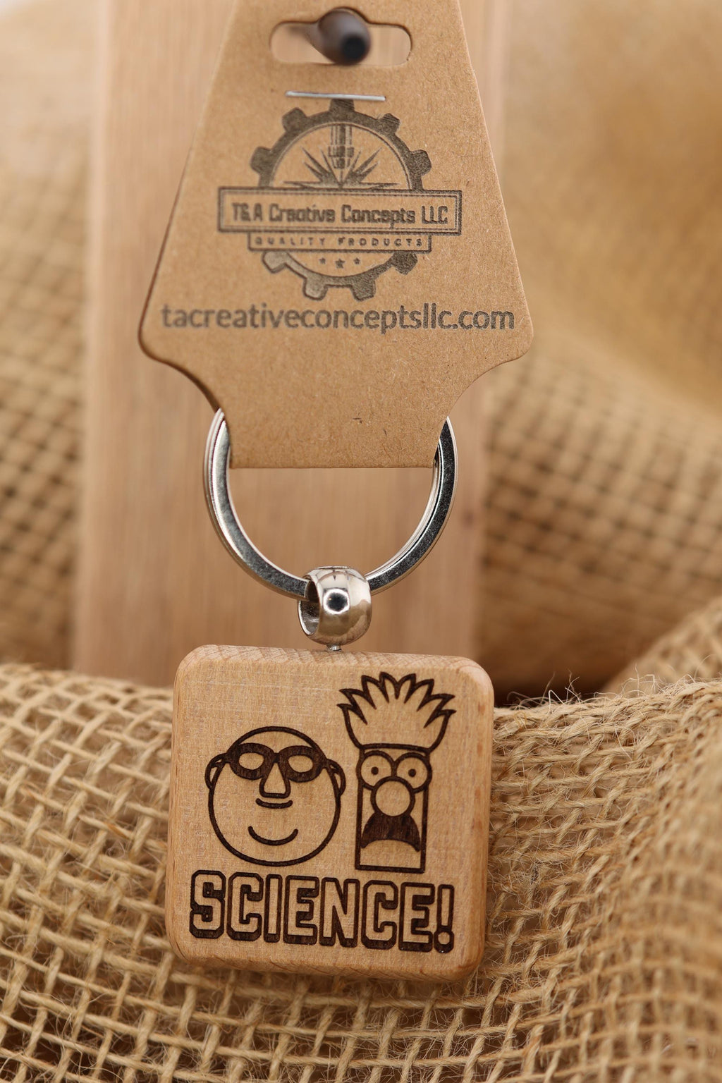 Muppets Bunsen and Beaker keychain / bag charm: laser engraved wood, stainless steel keyring