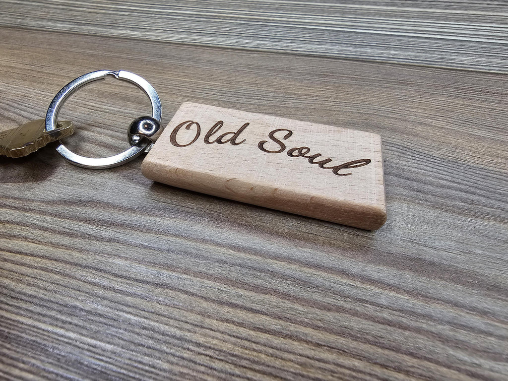 Old soul keychain / bag charm: laser engraved hardwood with stainless steel keyring