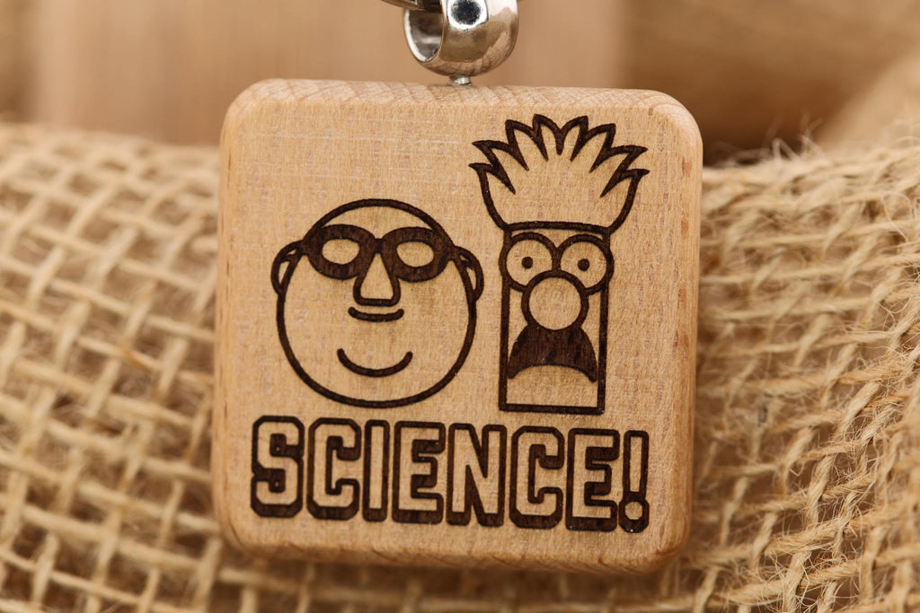 Muppets Bunsen and Beaker keychain / bag charm: laser engraved wood, stainless steel keyring