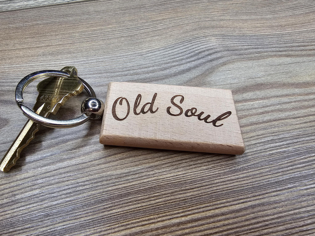 Old soul keychain / bag charm: laser engraved hardwood with stainless steel keyring