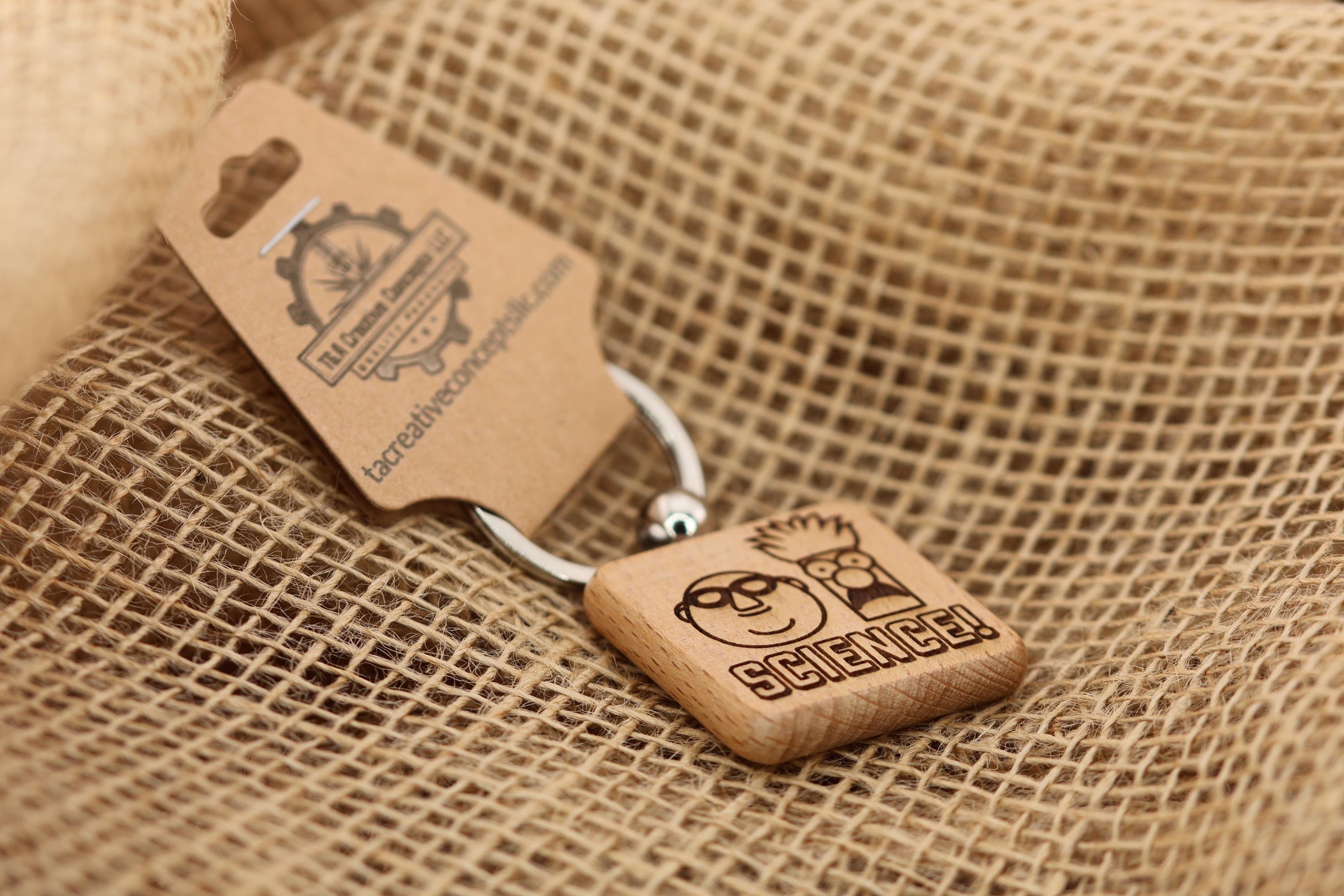 Muppets Bunsen and Beaker keychain / bag charm: laser engraved wood, stainless steel keyring
