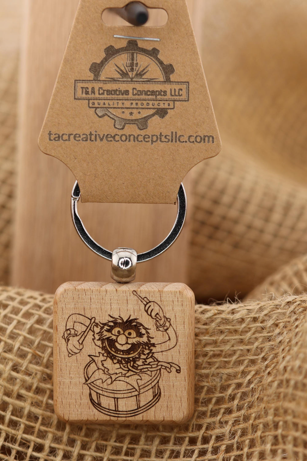 Muppets Animal drumming keychain / bag charm: laser engraved wood, stainless steel keyring