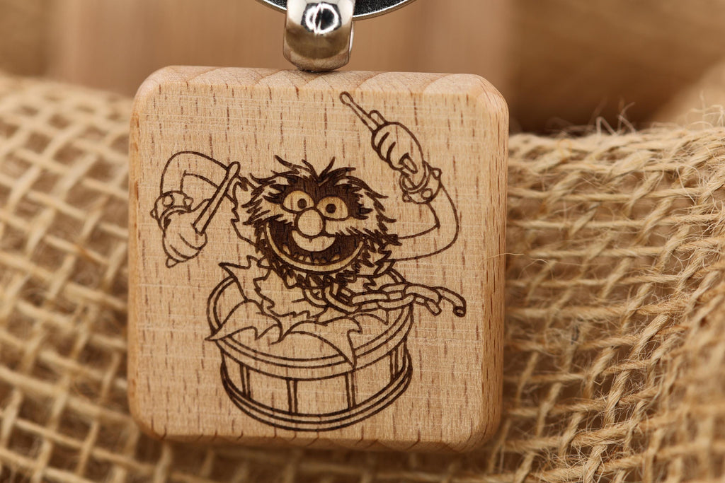 Muppets Animal drumming keychain / bag charm: laser engraved wood, stainless steel keyring