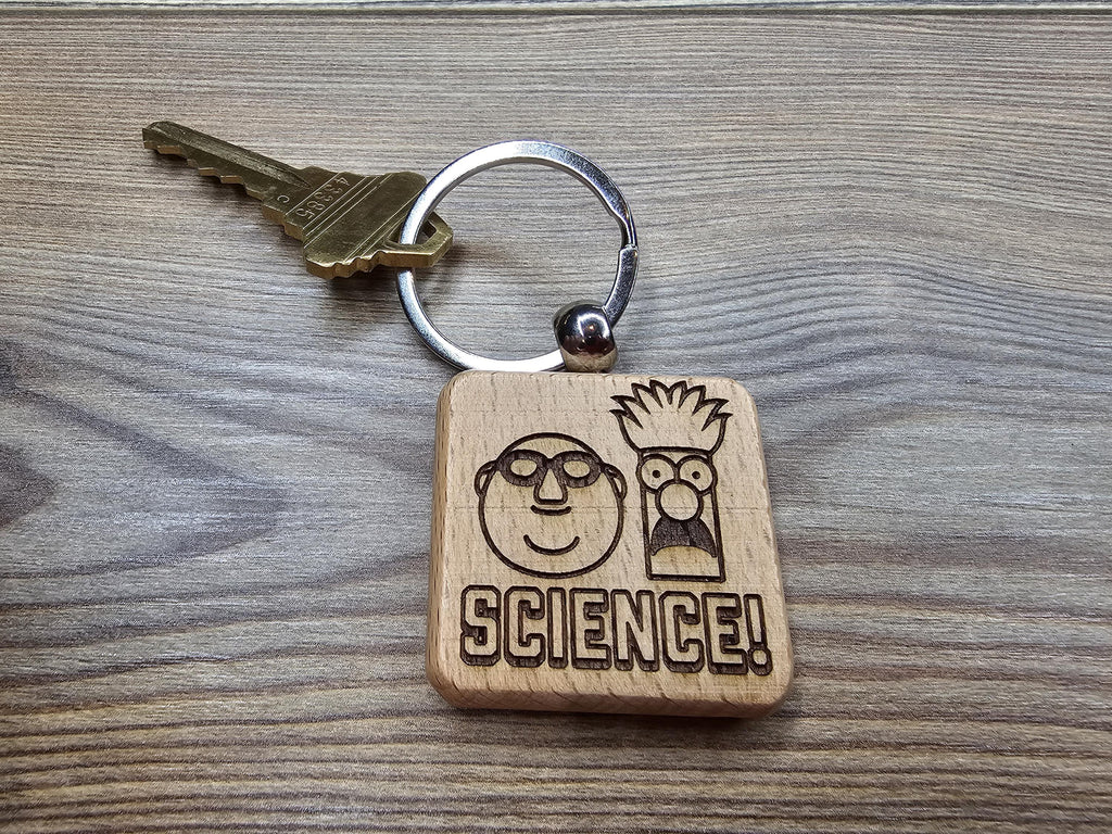 Muppets Bunsen and Beaker keychain / bag charm: laser engraved wood, stainless steel keyring