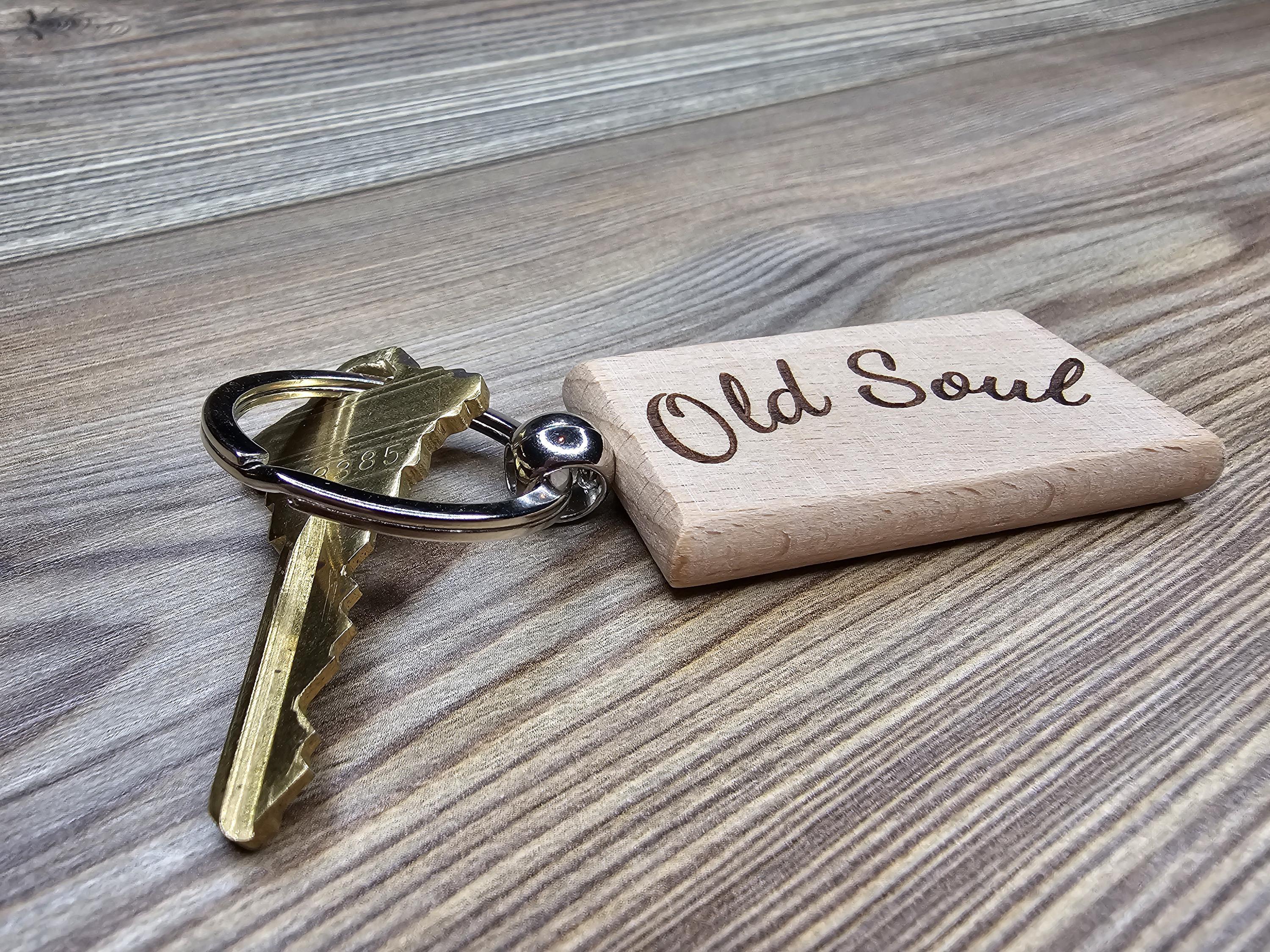 Old soul keychain / bag charm: laser engraved hardwood with stainless steel keyring