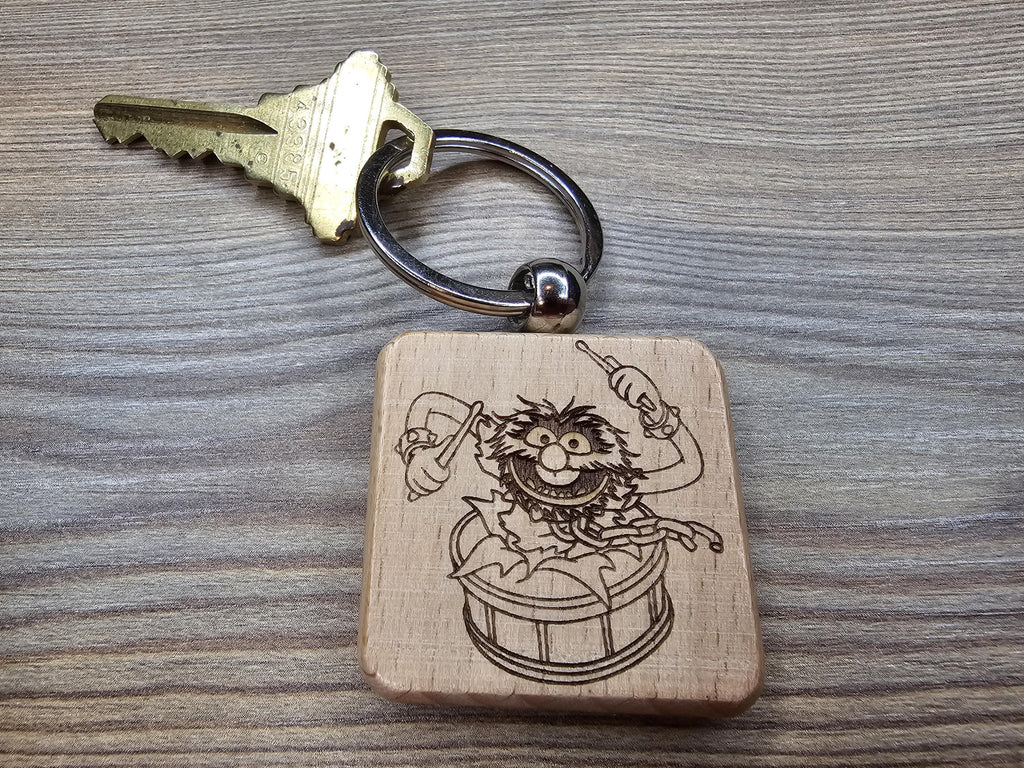 Muppets Animal drumming keychain / bag charm: laser engraved wood, stainless steel keyring