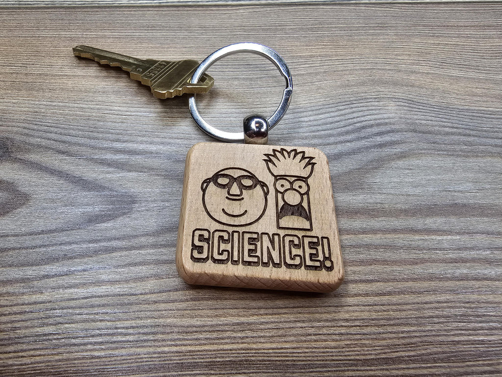 Muppets Bunsen and Beaker keychain / bag charm: laser engraved wood, stainless steel keyring
