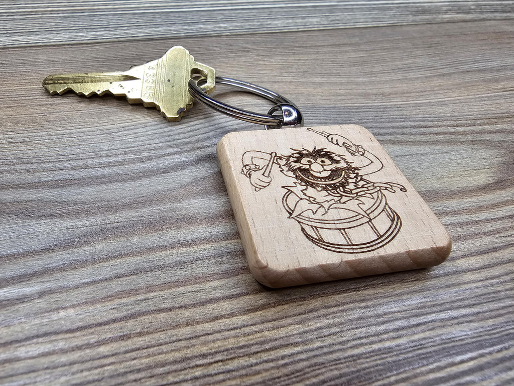 Muppets Animal drumming keychain / bag charm: laser engraved wood, stainless steel keyring