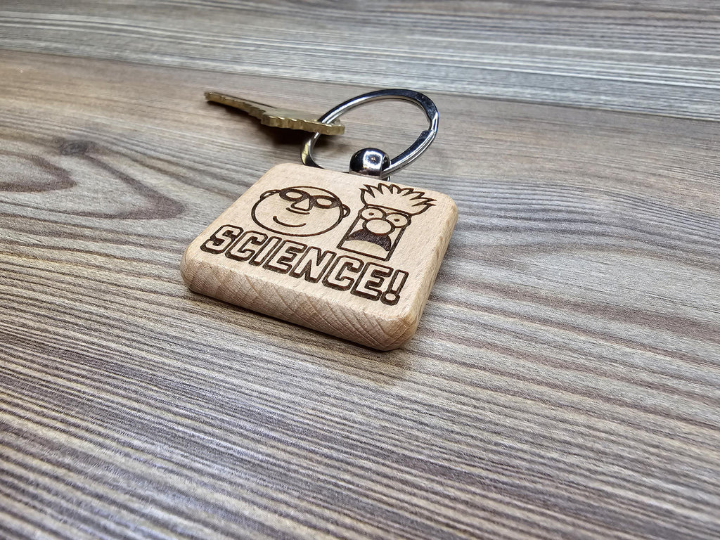Muppets Bunsen and Beaker keychain / bag charm: laser engraved wood, stainless steel keyring
