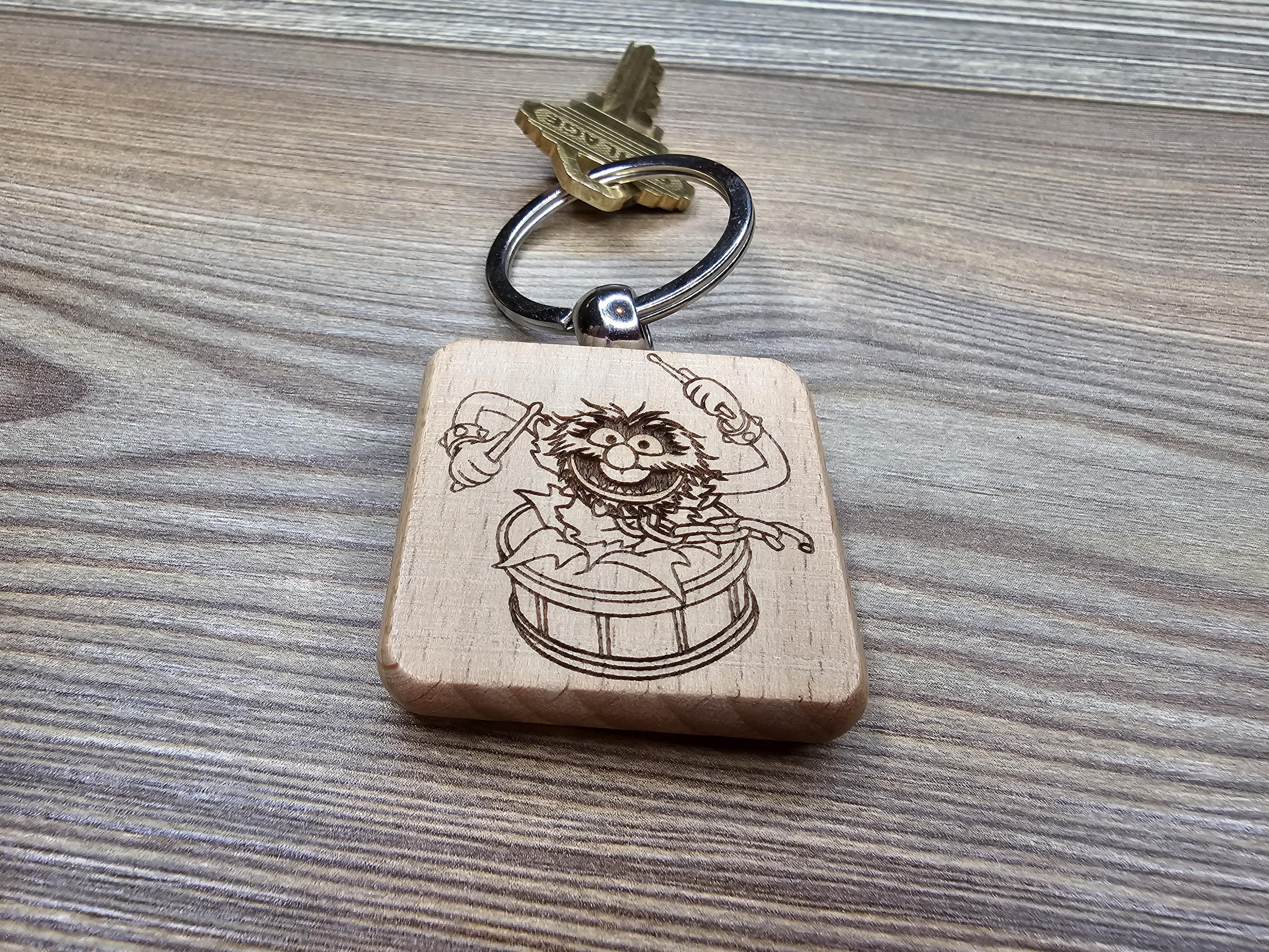 Muppets Animal drumming keychain / bag charm: laser engraved wood, stainless steel keyring