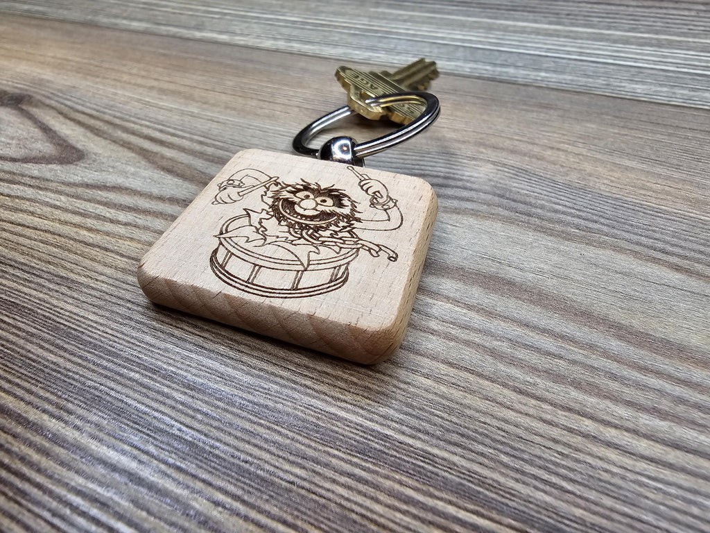Muppets Animal drumming keychain / bag charm: laser engraved wood, stainless steel keyring