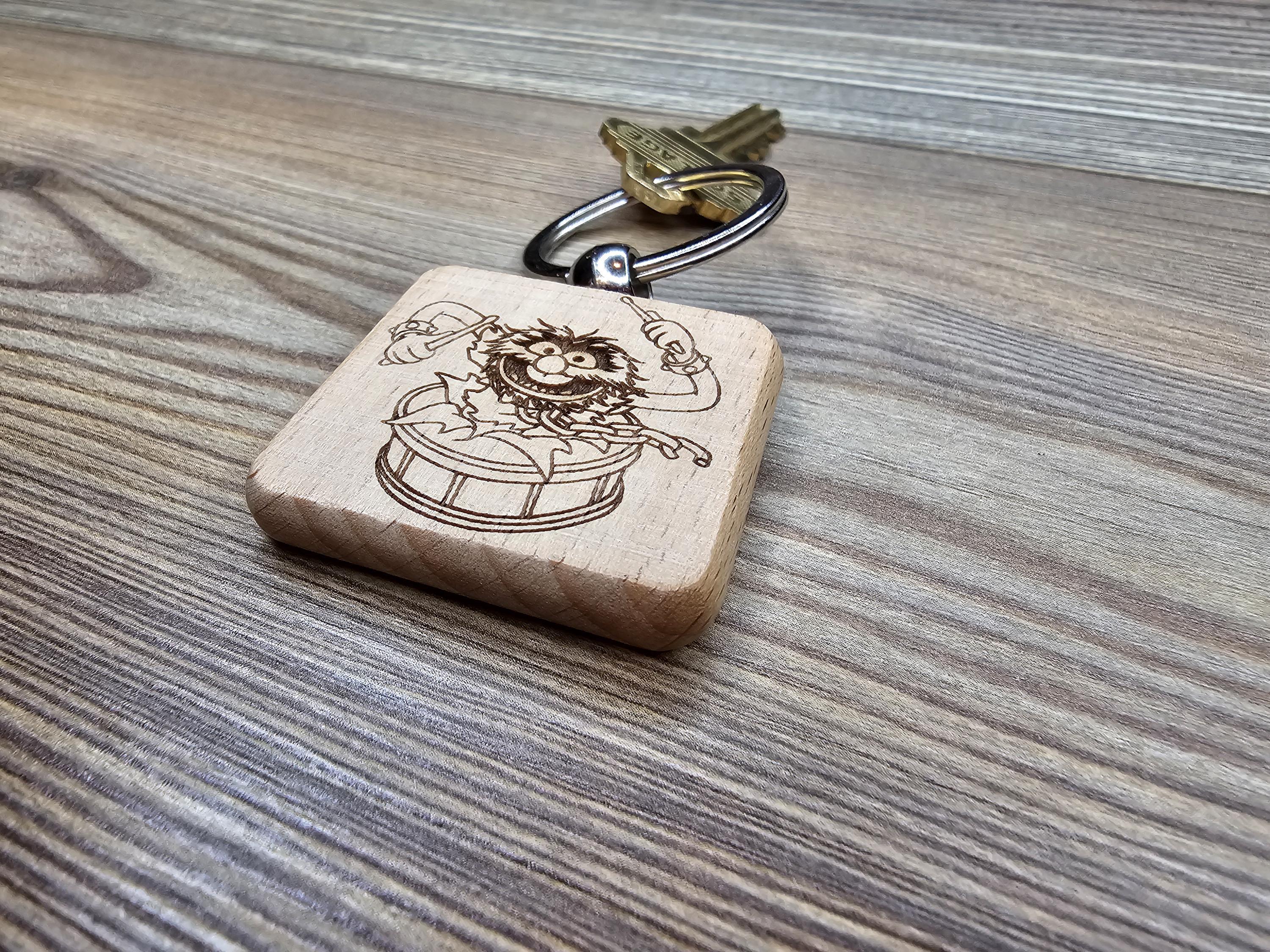 Muppets Animal drumming keychain / bag charm: laser engraved wood, stainless steel keyring