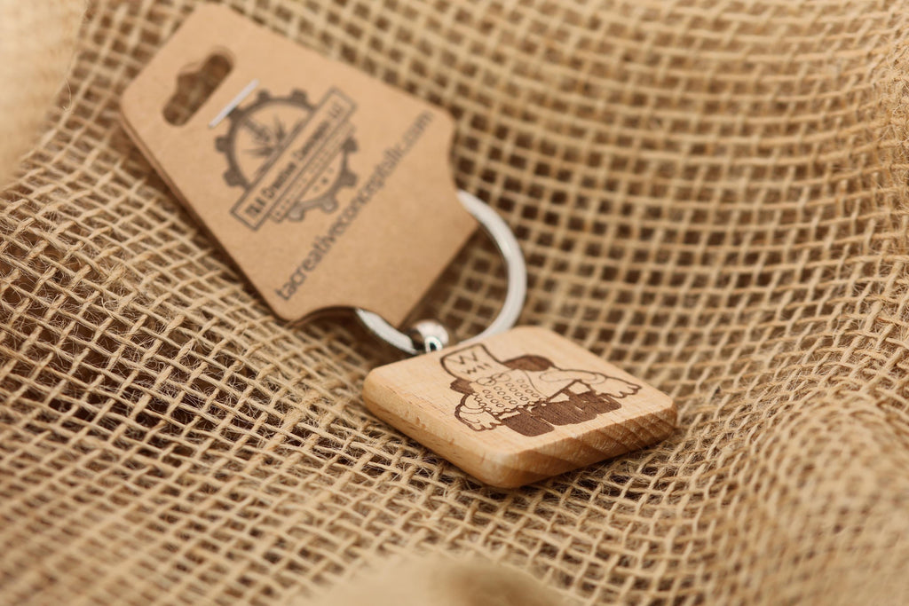 Sesame street typewriter keychain / bag charm: laser engraved wood, stainless steel keyring