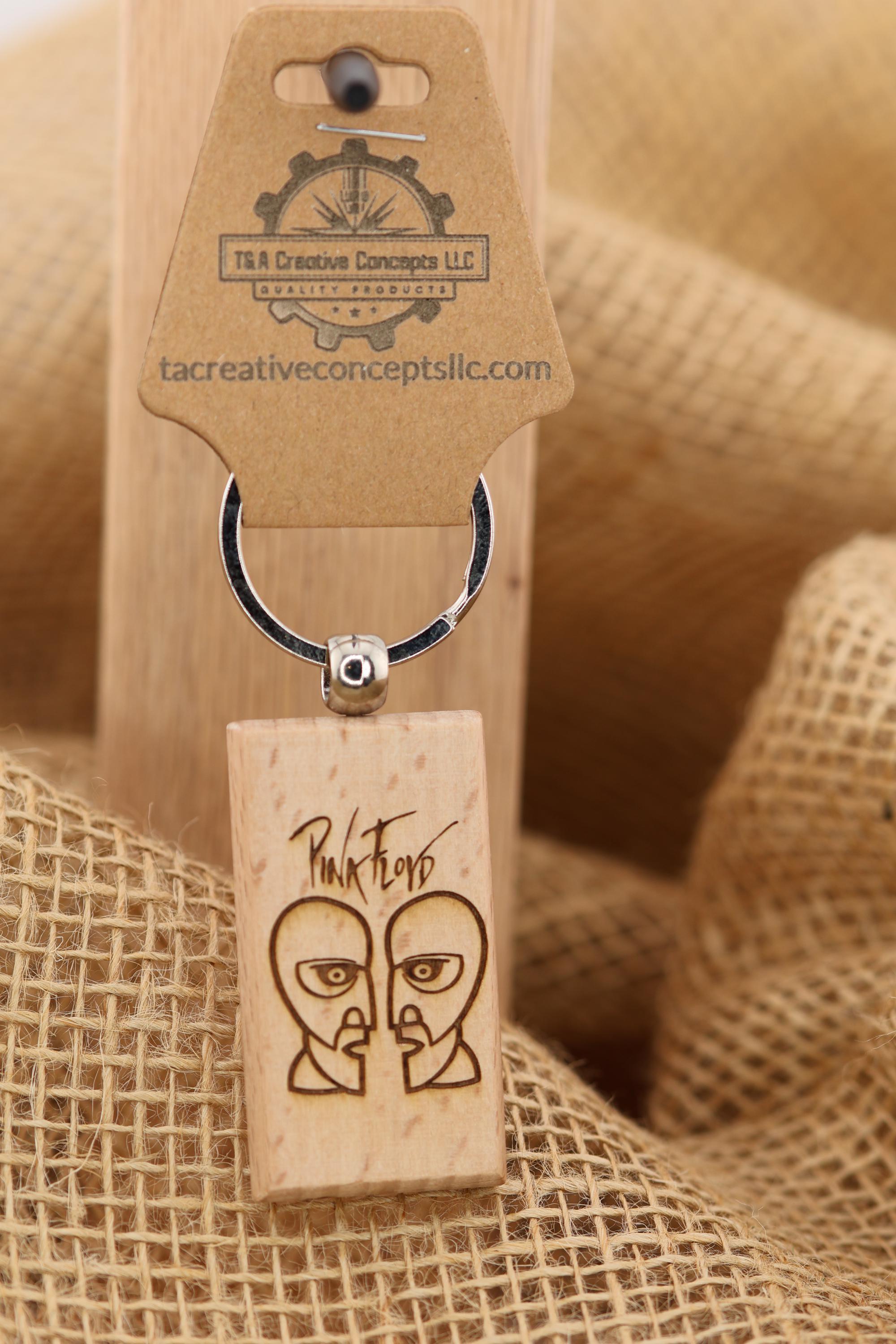 Pink Floyd The Division Bell keychain / bag charm: double-sided laser engraved hardwood, stainless steel ring