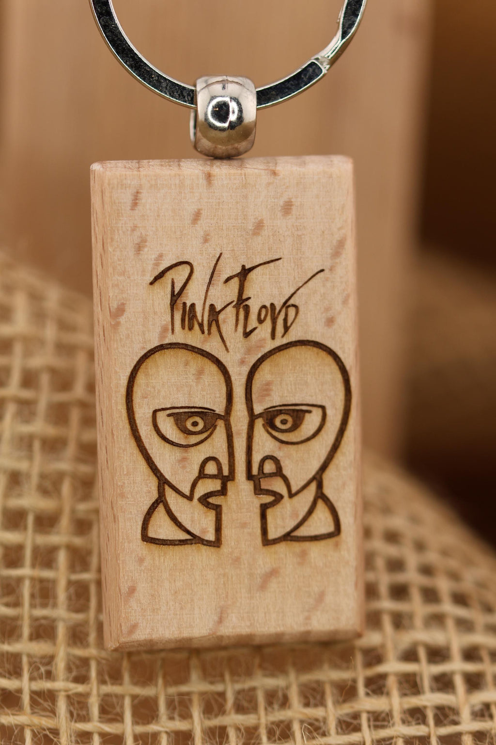 Pink Floyd The Division Bell keychain / bag charm: double-sided laser engraved hardwood, stainless steel ring