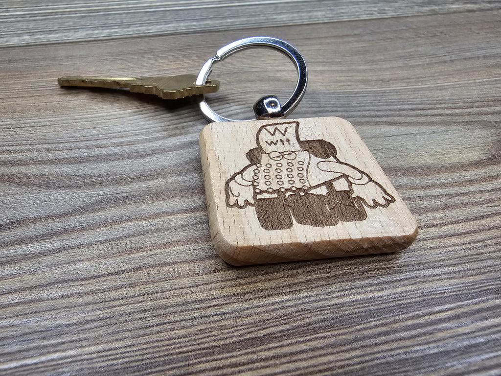 Sesame street typewriter keychain / bag charm: laser engraved wood, stainless steel keyring