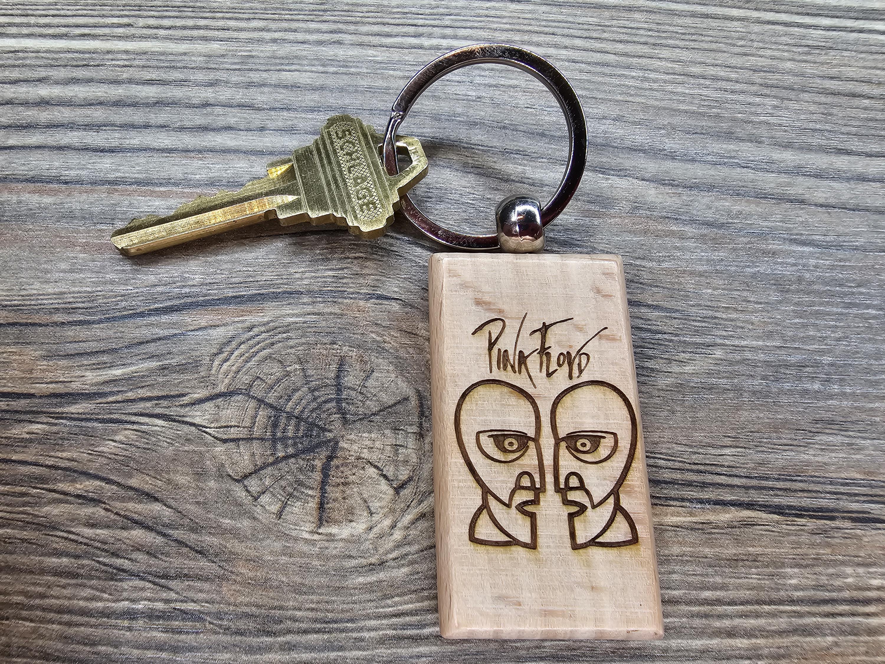 Pink Floyd The Division Bell keychain / bag charm: double-sided laser engraved hardwood, stainless steel ring