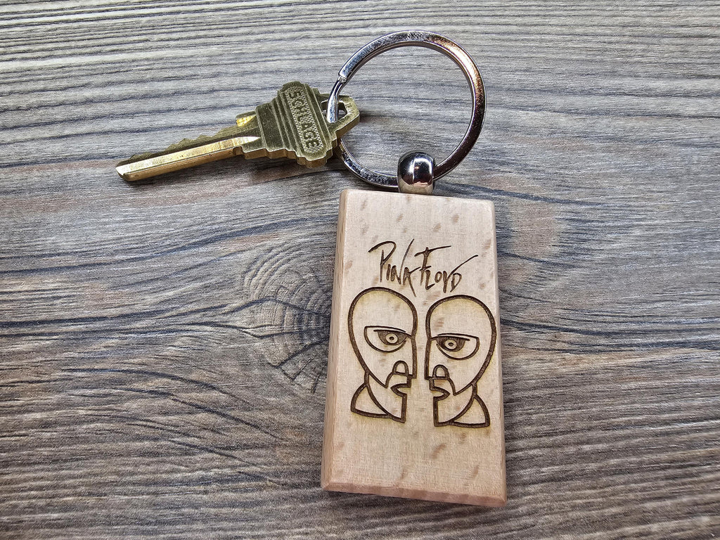 Pink Floyd The Division Bell keychain / bag charm: double-sided laser engraved hardwood, stainless steel ring