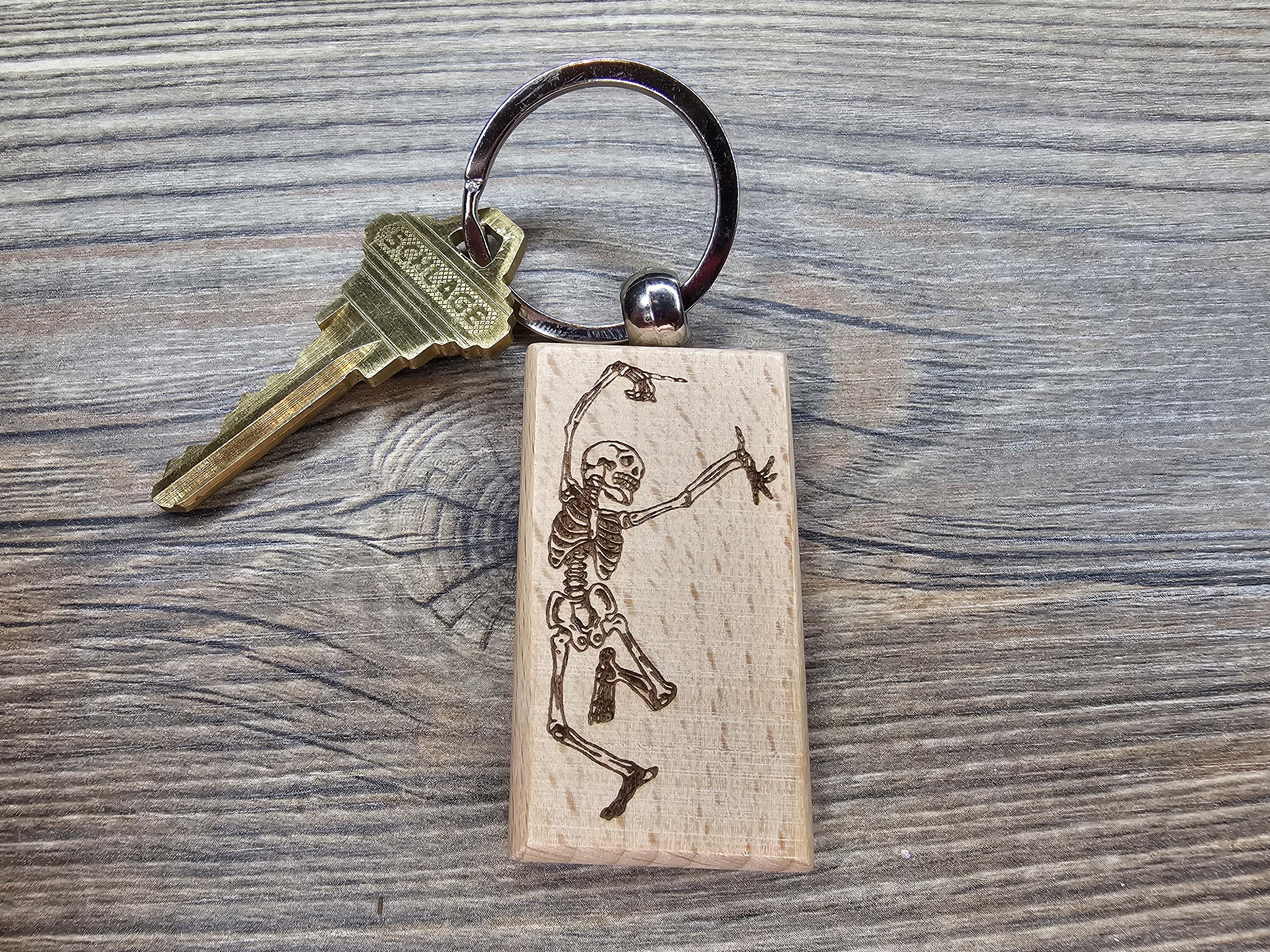 Grateful dead dancing skeleton keychain / bag charm – double-sided laser engraved wood with stainless steel keyring, deadhead gift