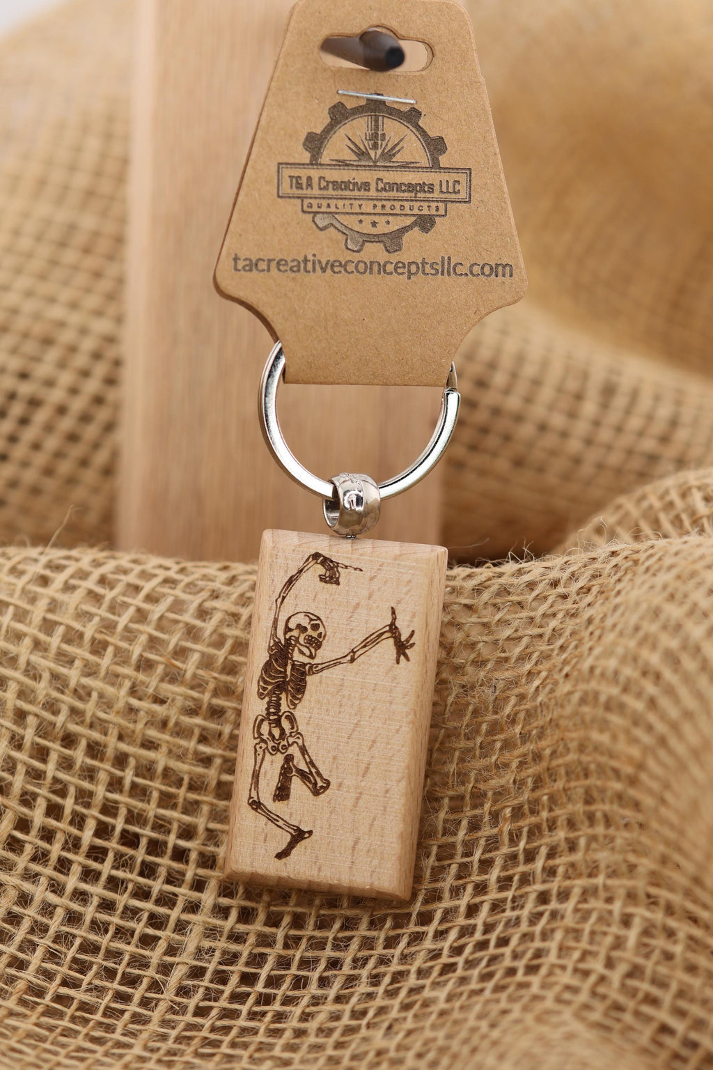 Grateful dead dancing skeleton keychain / bag charm – double-sided laser engraved wood with stainless steel keyring, deadhead gift