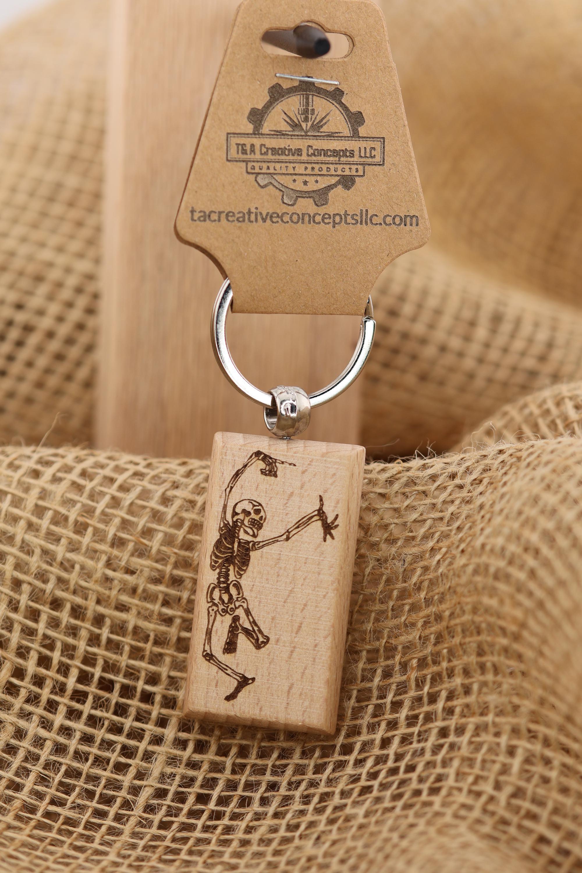 Grateful dead dancing skeleton keychain / bag charm – double-sided laser engraved wood with stainless steel keyring, deadhead gift