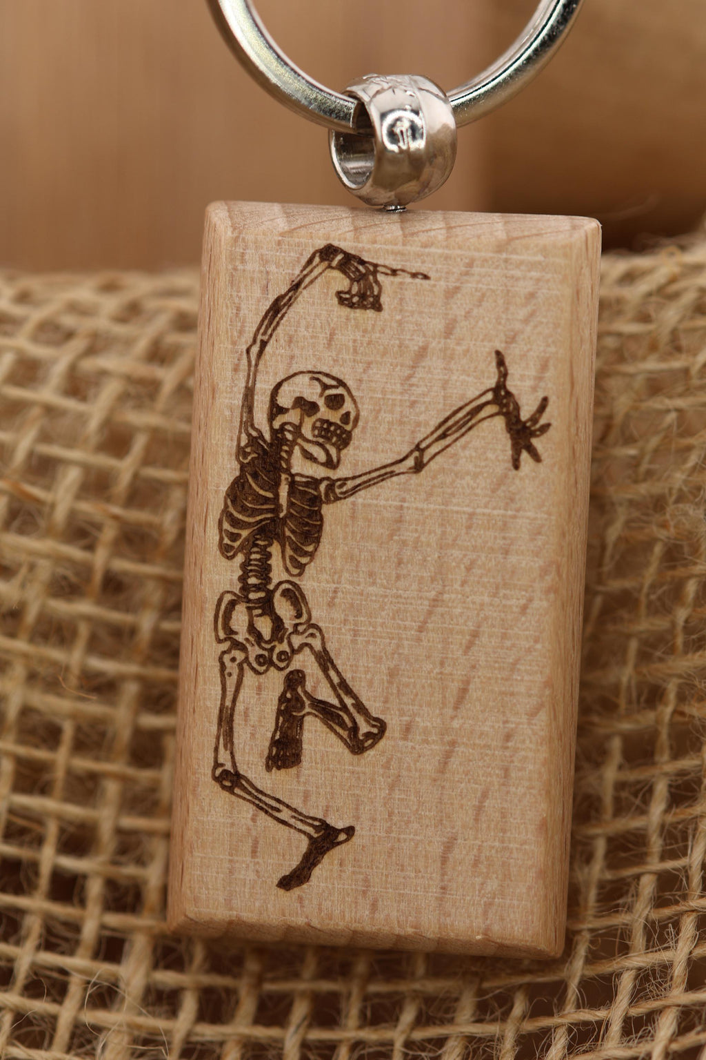 Grateful dead dancing skeleton keychain / bag charm – double-sided laser engraved wood with stainless steel keyring, deadhead gift