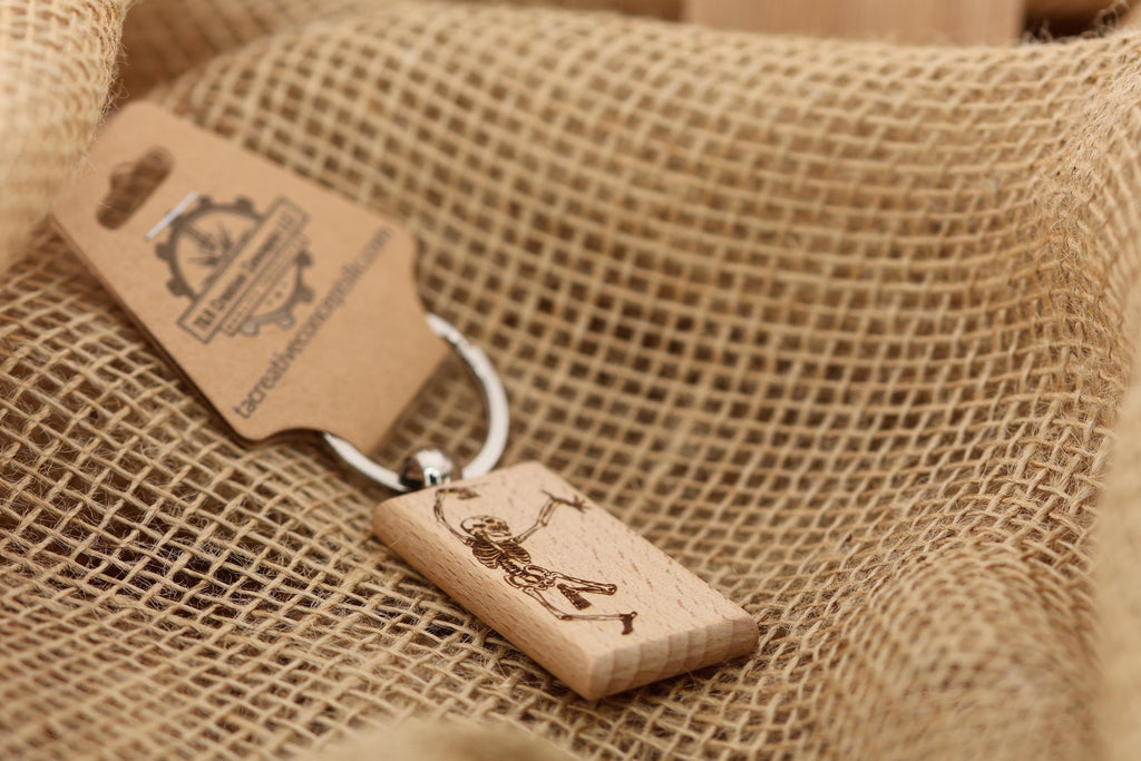 Grateful dead dancing skeleton keychain / bag charm – double-sided laser engraved wood with stainless steel keyring, deadhead gift
