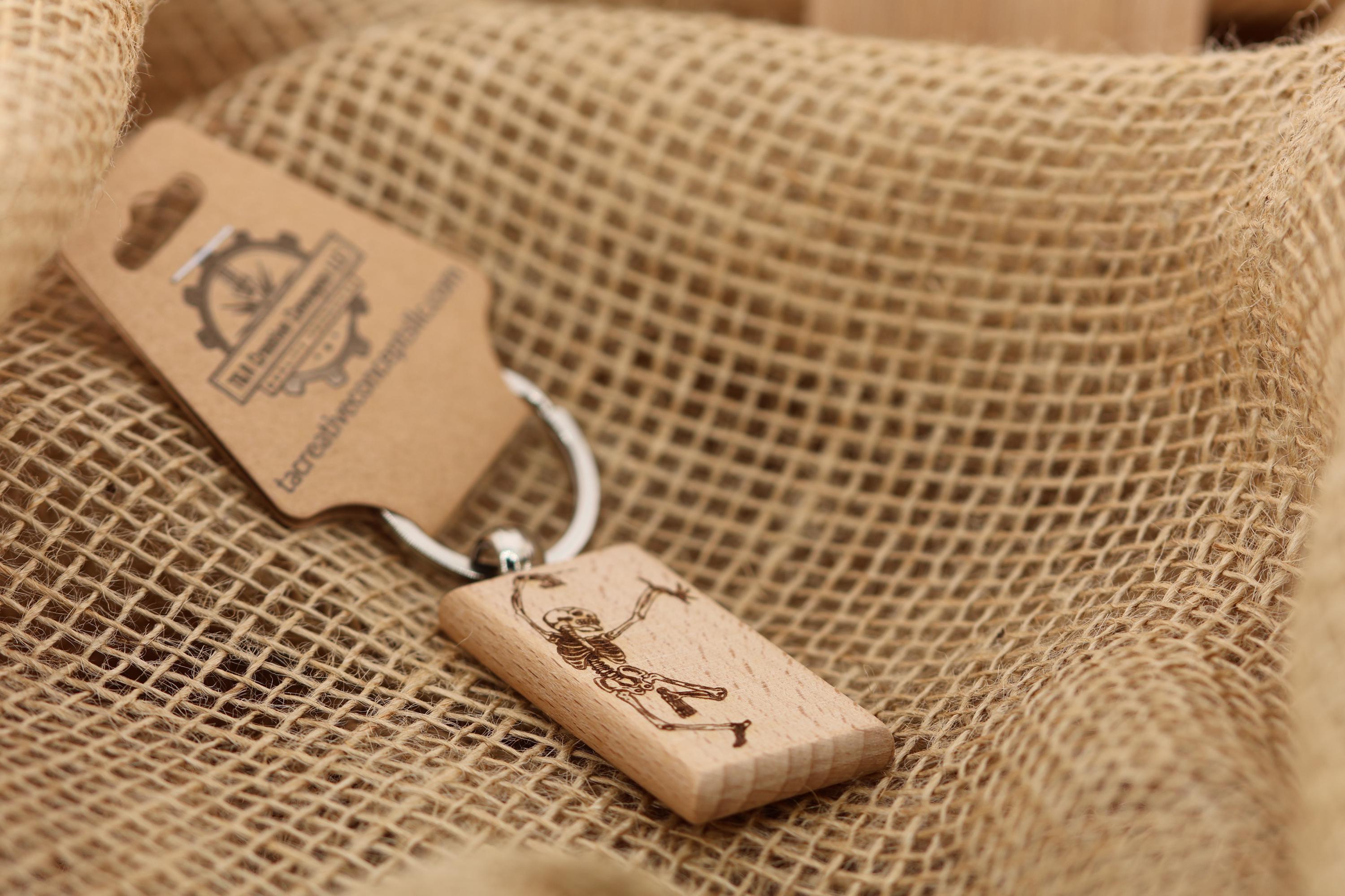 Grateful dead dancing skeleton keychain / bag charm – double-sided laser engraved wood with stainless steel keyring, deadhead gift