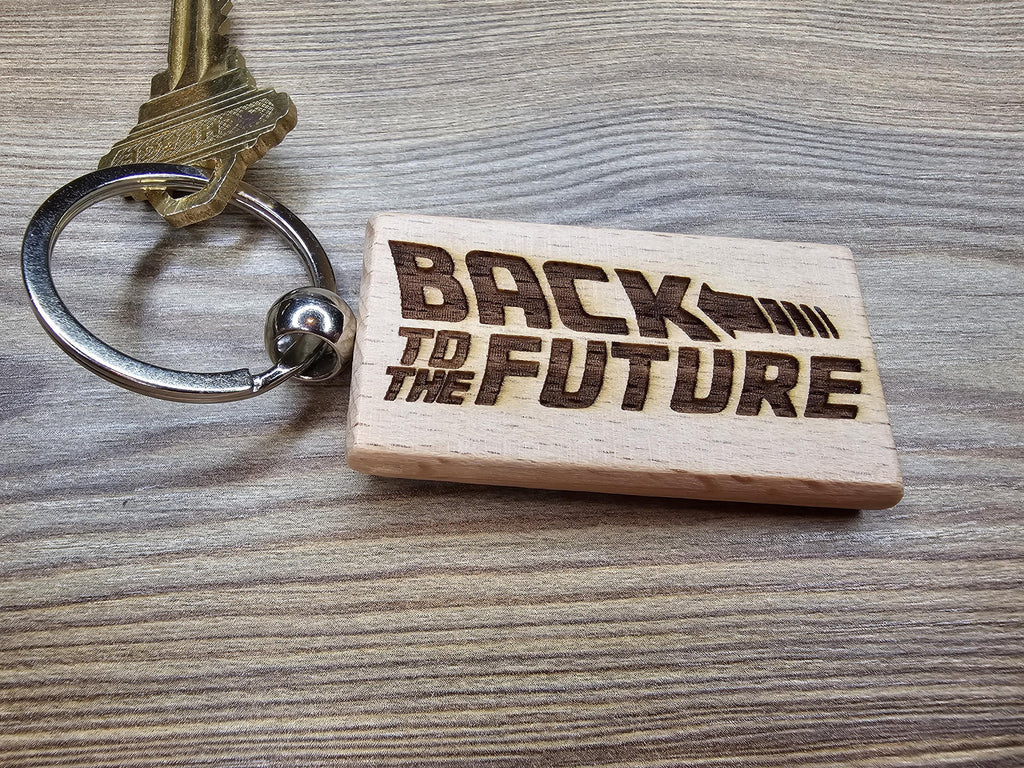 Back to the future keychain / bag charm: laser engraved hardwood, stainless steel keyring