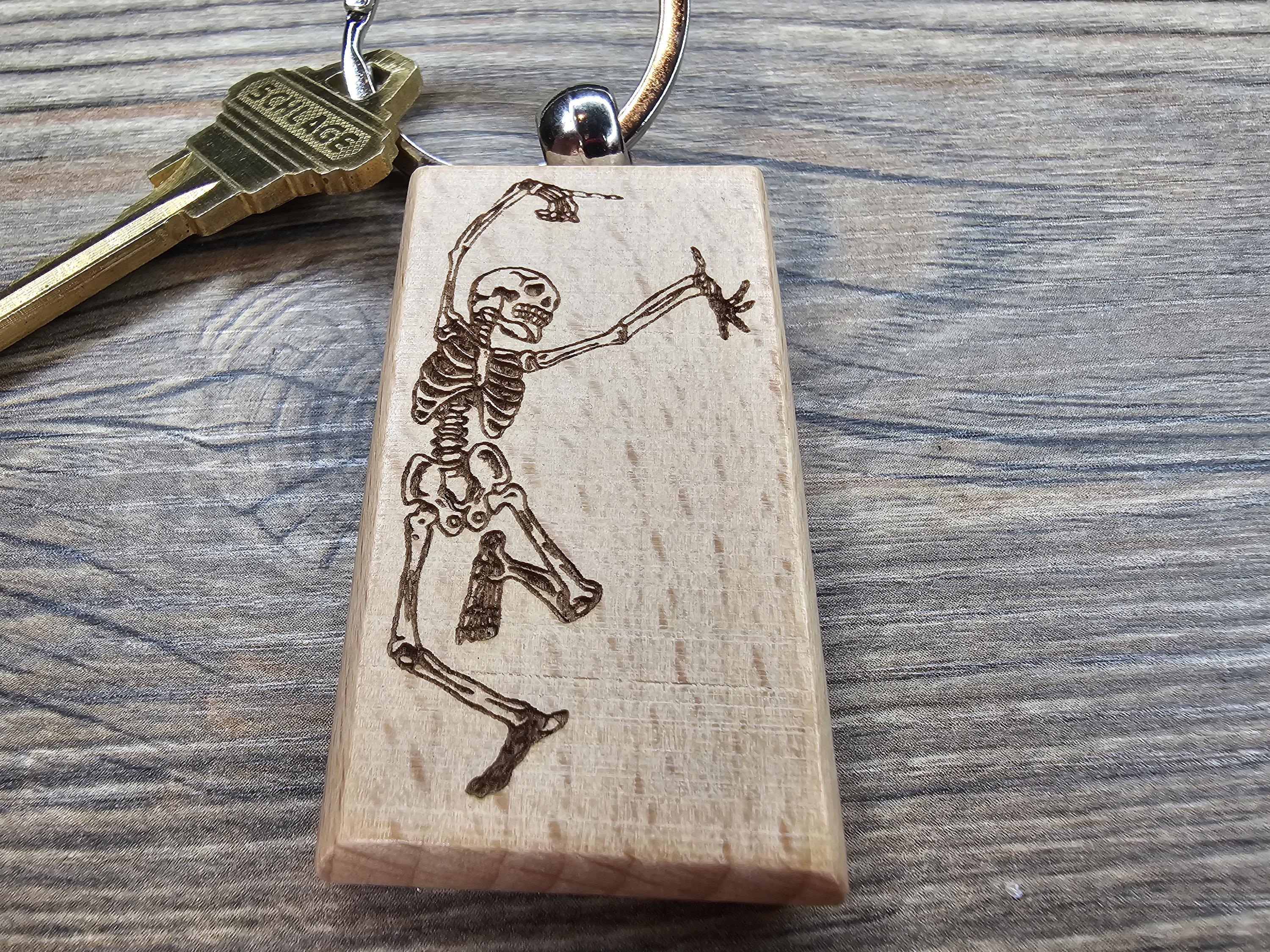 Grateful dead dancing skeleton keychain / bag charm – double-sided laser engraved wood with stainless steel keyring, deadhead gift