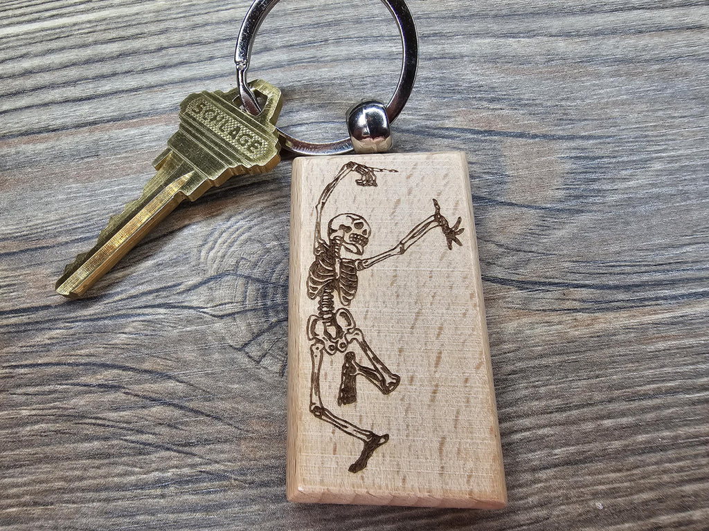 Grateful dead dancing skeleton keychain / bag charm – double-sided laser engraved wood with stainless steel keyring, deadhead gift