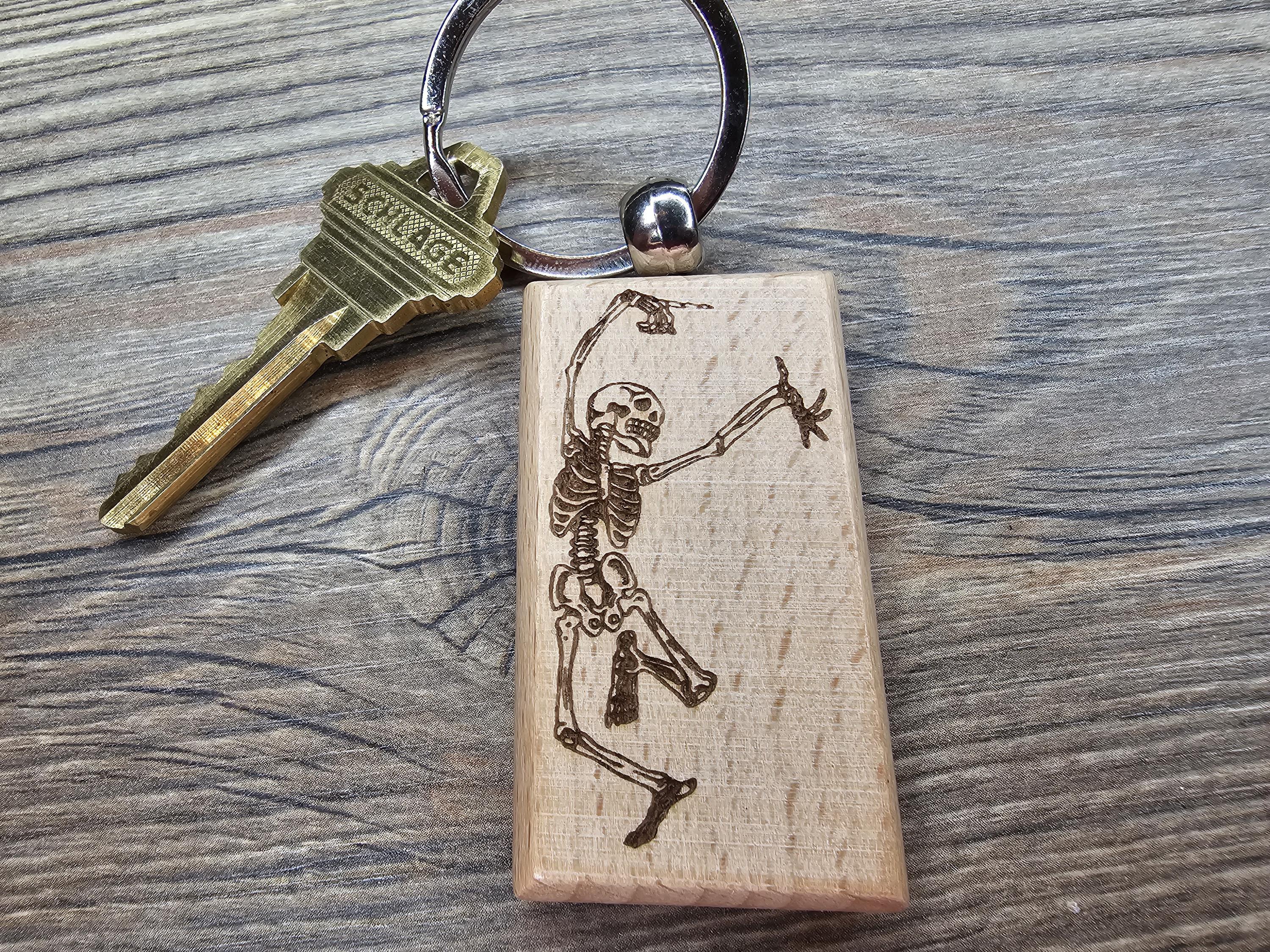 Grateful dead dancing skeleton keychain / bag charm – double-sided laser engraved wood with stainless steel keyring, deadhead gift