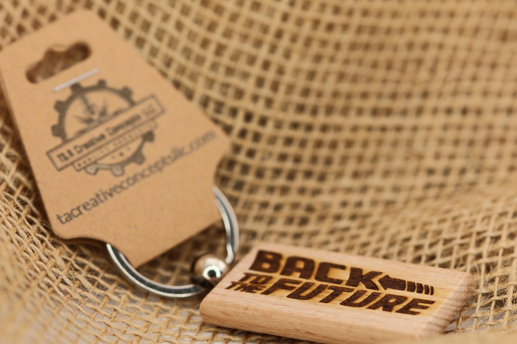 Back to the future keychain / bag charm: laser engraved hardwood, stainless steel keyring
