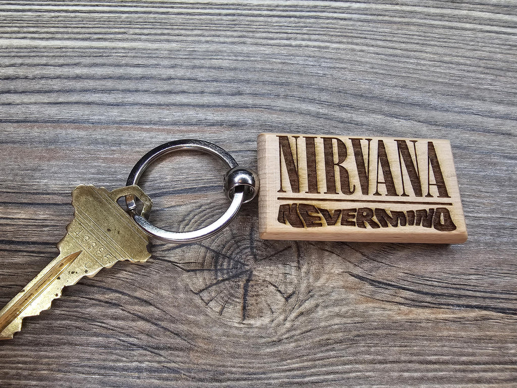 Nirvana Nevermind keychain / bag charm: laser engraved hardwood, stainless steel keyring
