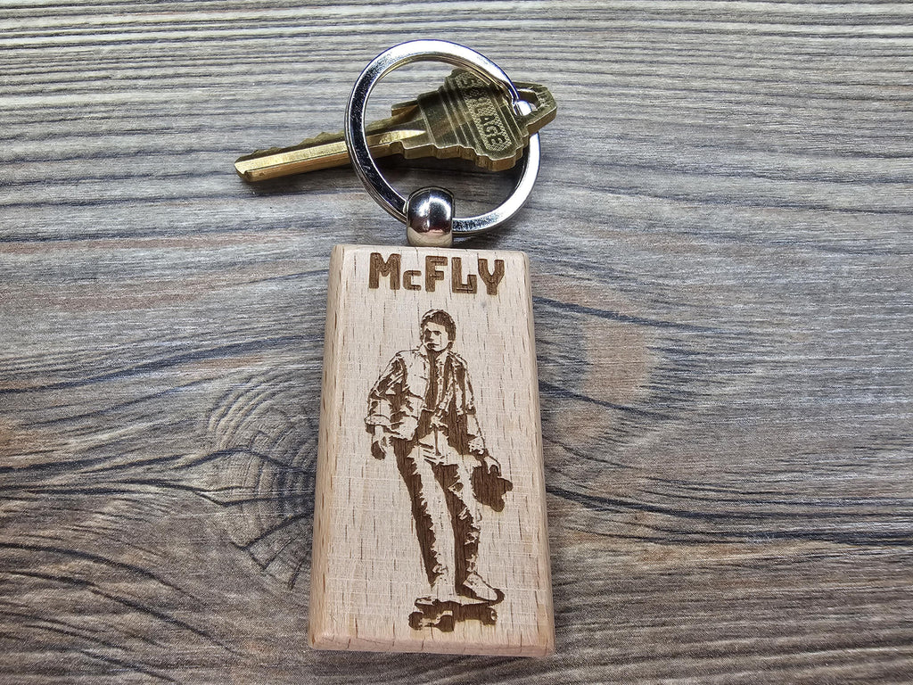 Back to the future keychain / bag charm: laser engraved wood, double-sided Mcfly design