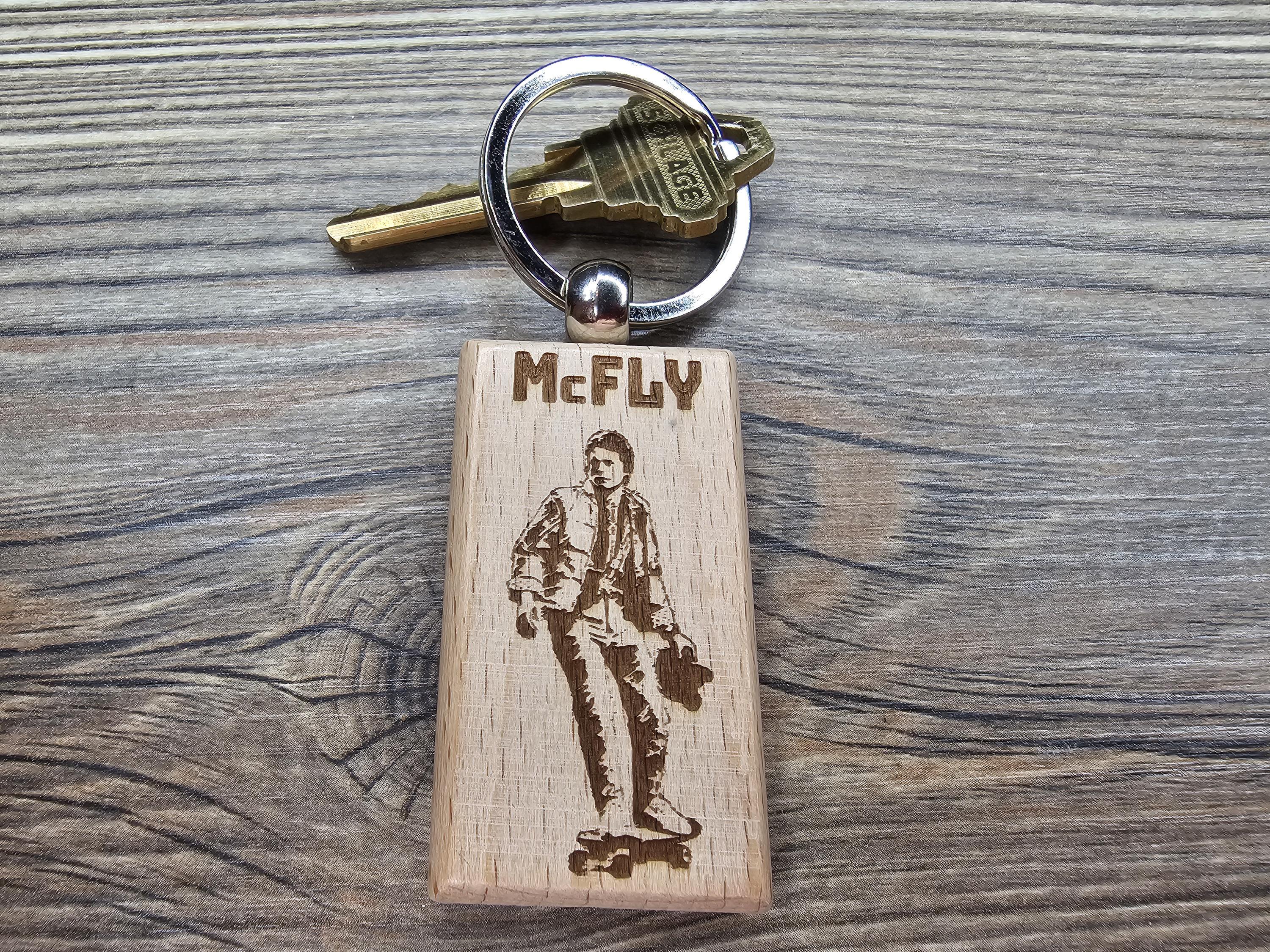 Back to the future keychain / bag charm: laser engraved wood, double-sided Mcfly design