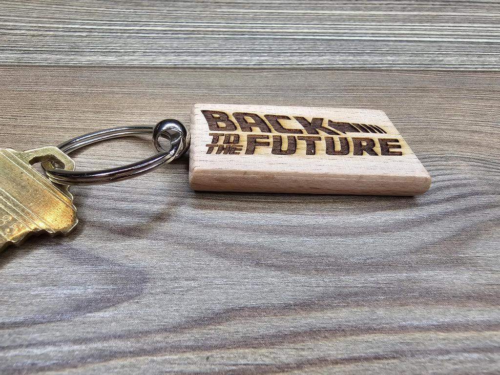 Back to the future keychain / bag charm: laser engraved hardwood, stainless steel keyring