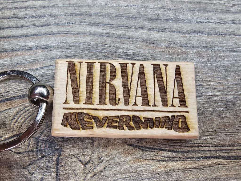 Nirvana Nevermind keychain / bag charm: laser engraved hardwood, stainless steel keyring