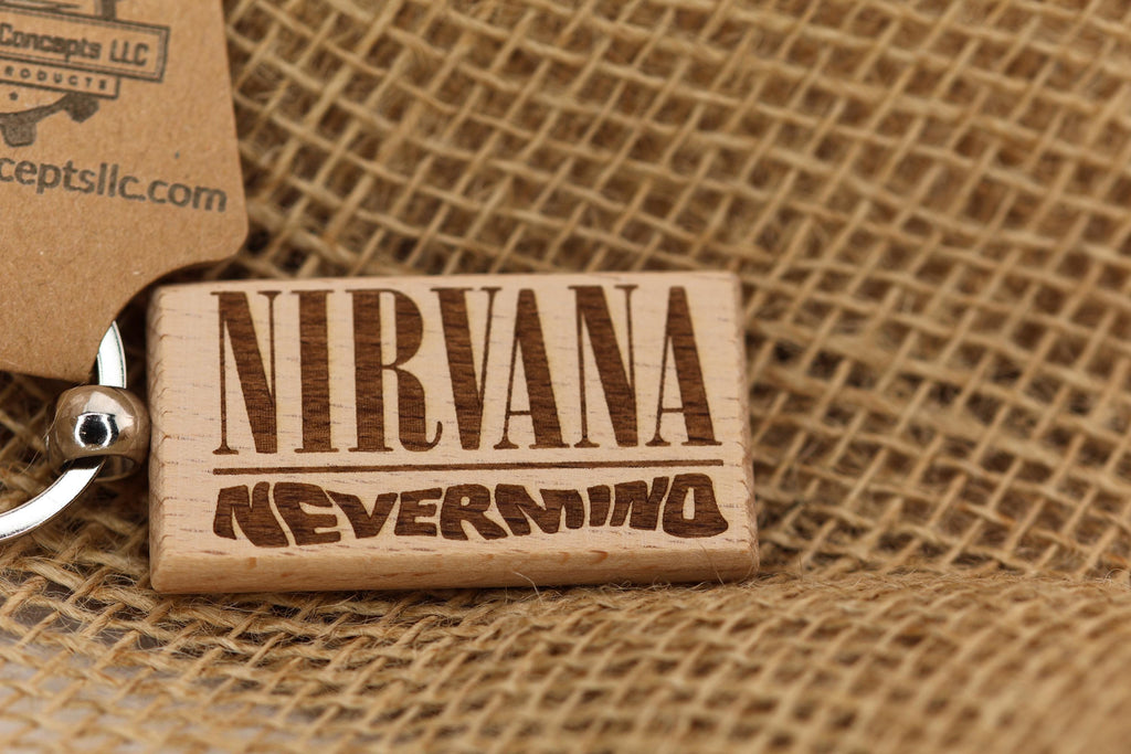 Nirvana Nevermind keychain / bag charm: laser engraved hardwood, stainless steel keyring