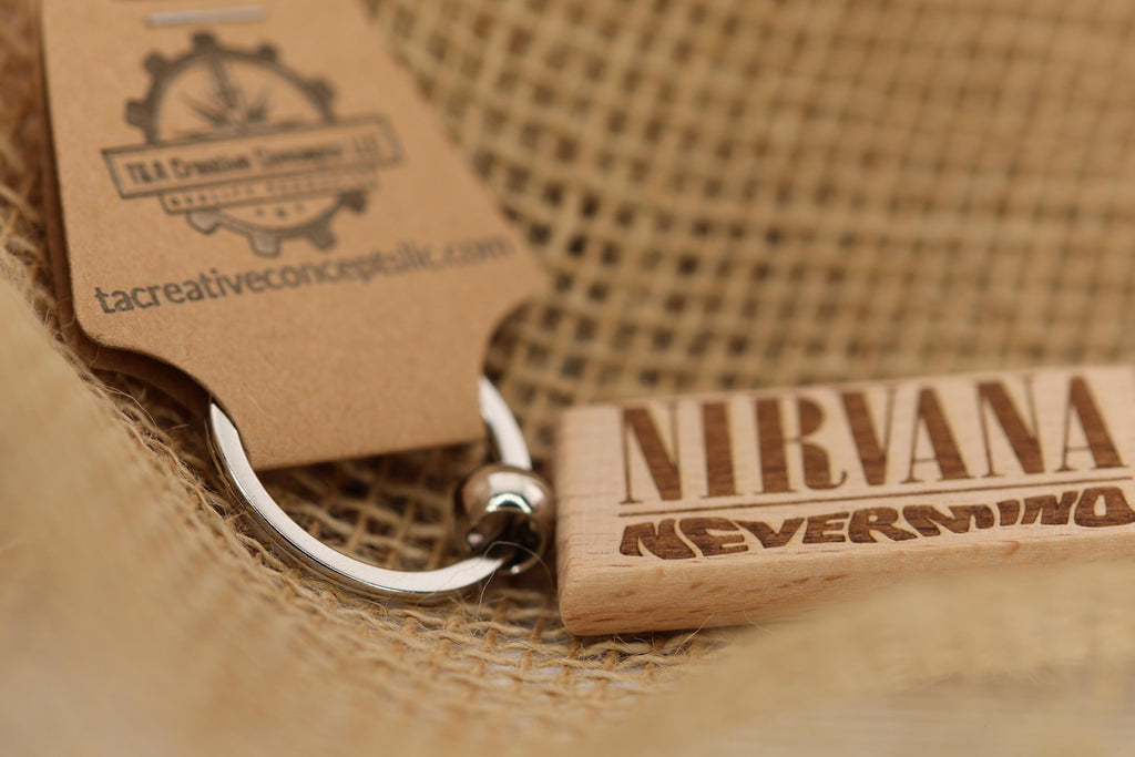 Nirvana Nevermind keychain / bag charm: laser engraved hardwood, stainless steel keyring