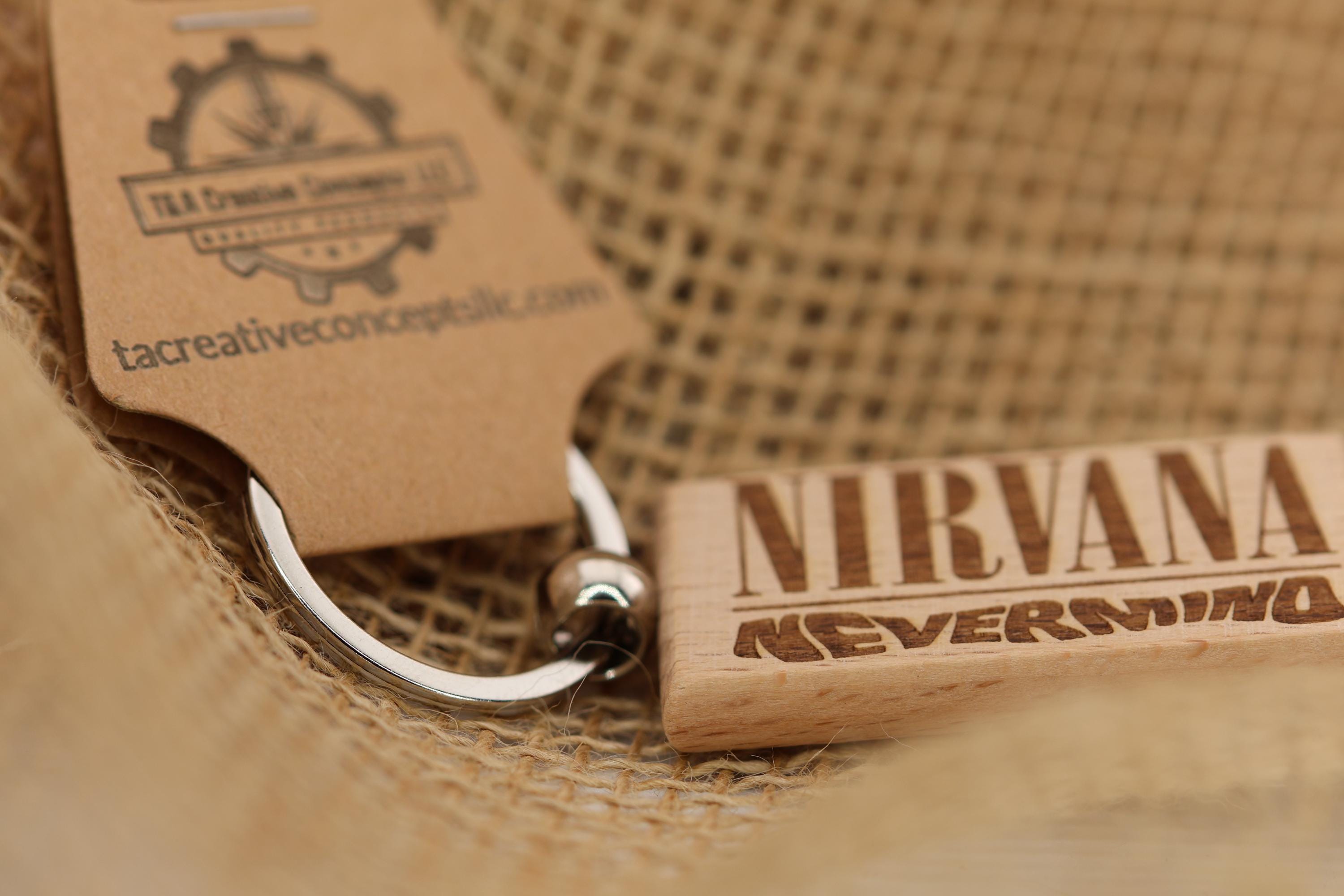 Nirvana Nevermind keychain / bag charm: laser engraved hardwood, stainless steel keyring