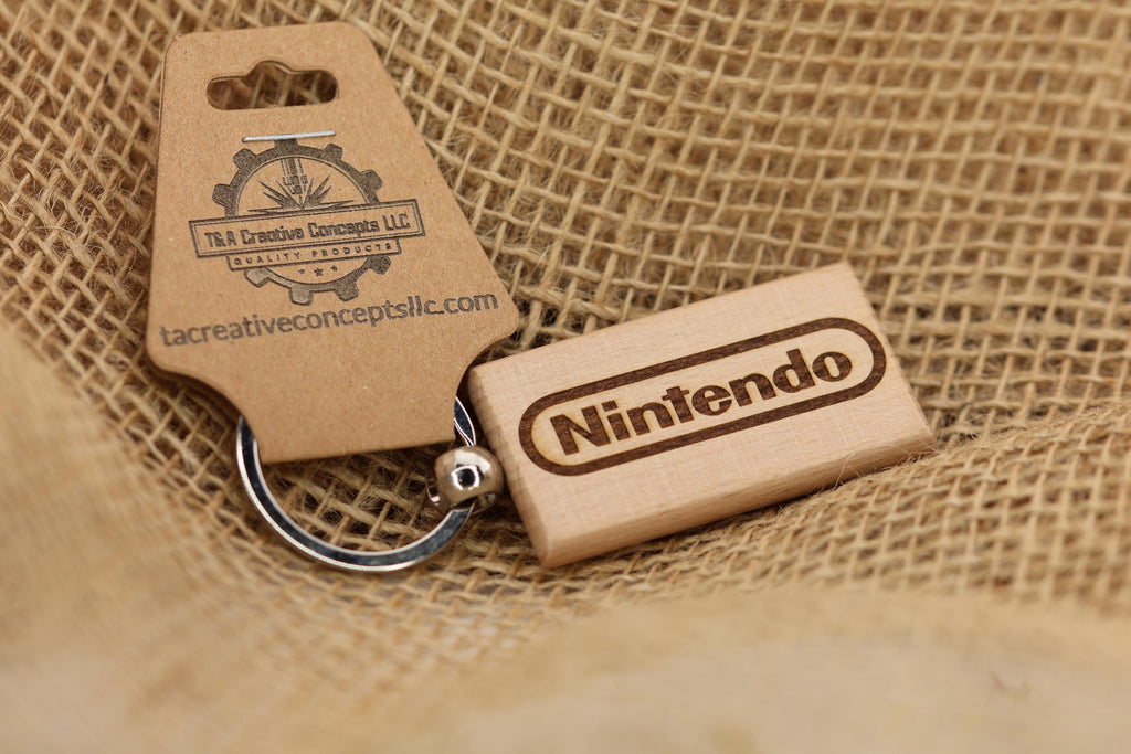 Nintendo logo keychain / bag charm: laser engraved hardwood, stainless steel keyring